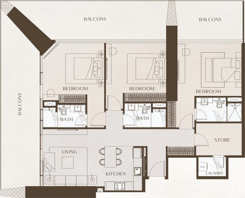 Floor Plans One by Binghatti - 3 Bedrooms Apartments